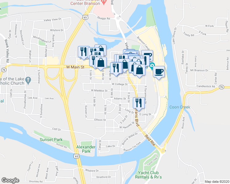 map of restaurants, bars, coffee shops, grocery stores, and more near 318 West Maddux Street in Branson