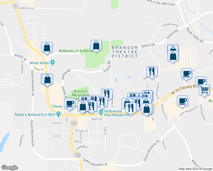 map of restaurants, bars, coffee shops, grocery stores, and more near 104 Garden Circle 102 2 Circle in Branson