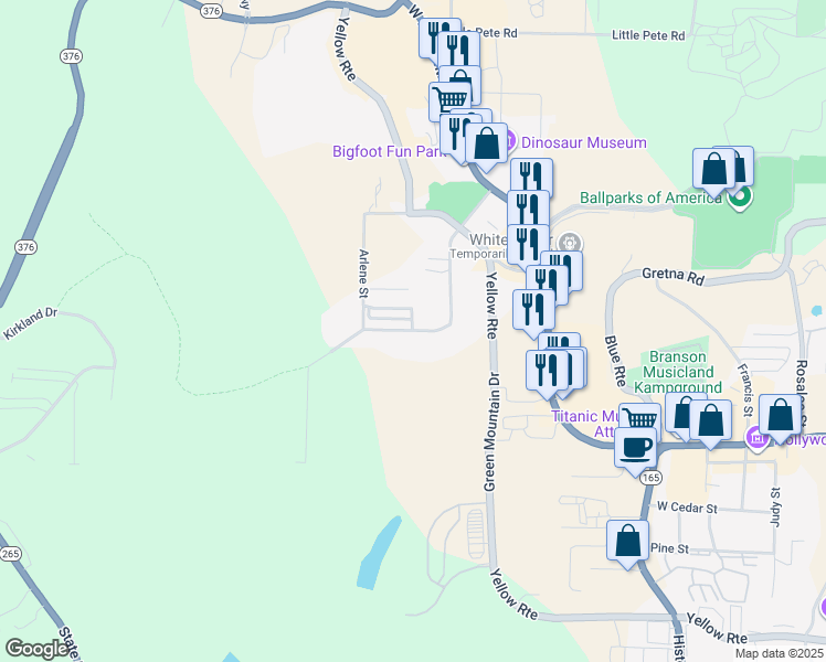 map of restaurants, bars, coffee shops, grocery stores, and more near 245 Schaefer Drive in Branson