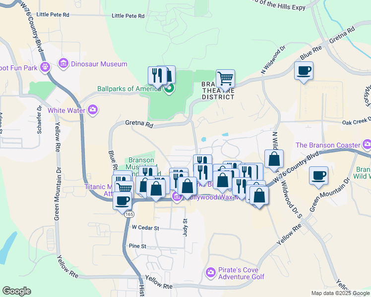 map of restaurants, bars, coffee shops, grocery stores, and more near 104 Garden Circle in Branson