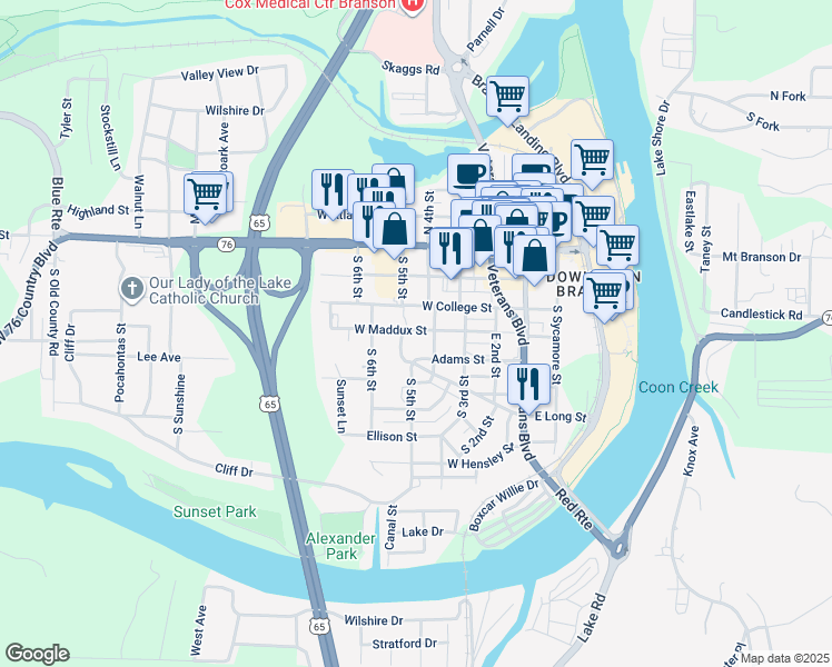 map of restaurants, bars, coffee shops, grocery stores, and more near 418 West Maddux Street in Branson