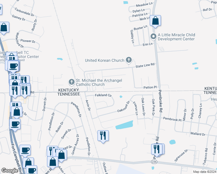map of restaurants, bars, coffee shops, grocery stores, and more near 1040 Shadow Ridge Avenue in Oak Grove