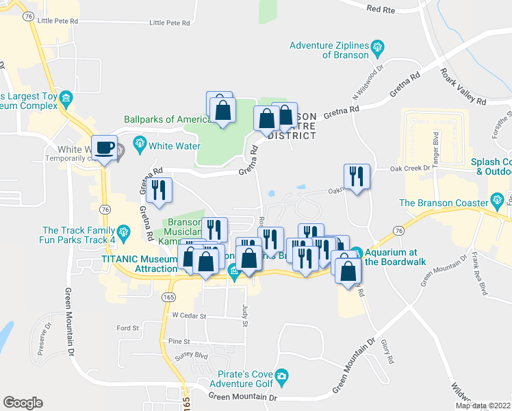 map of restaurants, bars, coffee shops, grocery stores, and more near 100 Garden Circle 100 3 Circle in Branson