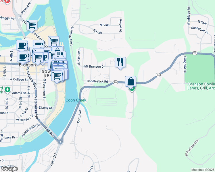 map of restaurants, bars, coffee shops, grocery stores, and more near 157 Candlestick Road in Branson
