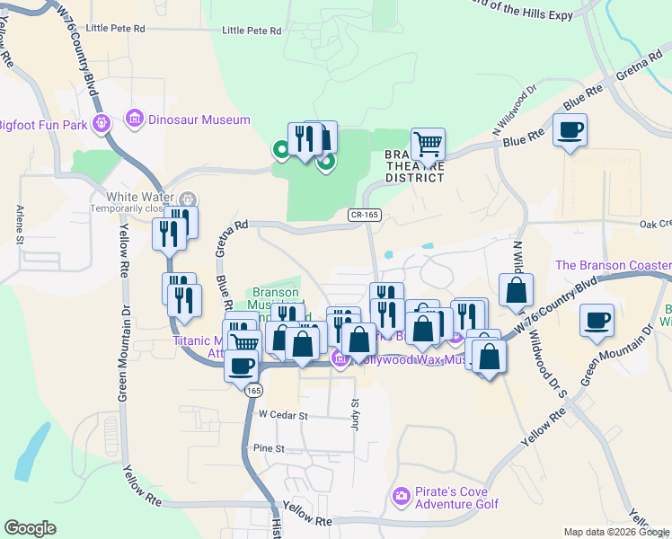 map of restaurants, bars, coffee shops, grocery stores, and more near 110 Garden Circle 105 1 Circle in Branson