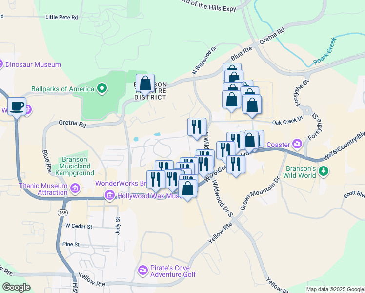 map of restaurants, bars, coffee shops, grocery stores, and more near 245 North Wildwood Drive in Branson