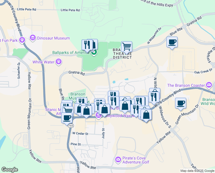 map of restaurants, bars, coffee shops, grocery stores, and more near 104 Garden Circle in Branson