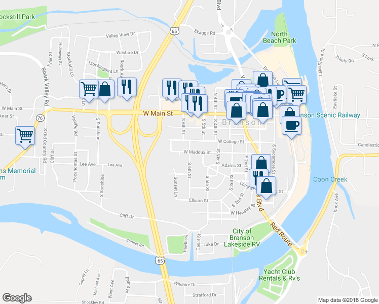 map of restaurants, bars, coffee shops, grocery stores, and more near 599 West Maddux Street in Branson