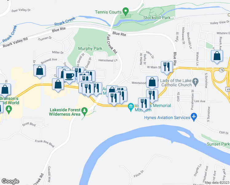 map of restaurants, bars, coffee shops, grocery stores, and more near 1292 Hillcrest Place in Branson