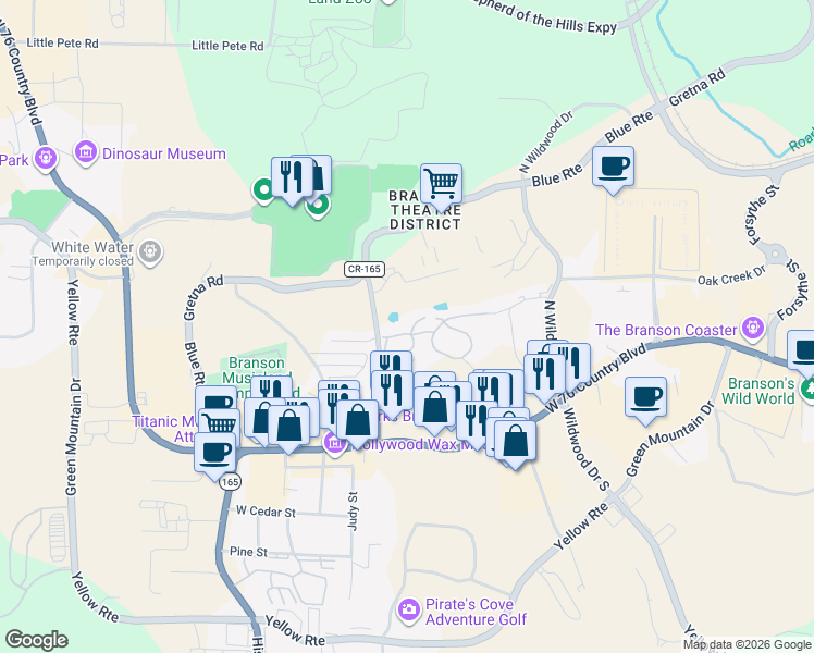 map of restaurants, bars, coffee shops, grocery stores, and more near 314 Summerwood Drive in Branson