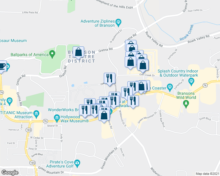 map of restaurants, bars, coffee shops, grocery stores, and more near 245 North Wildwood Drive in Branson