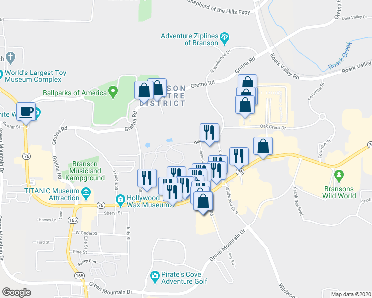 map of restaurants, bars, coffee shops, grocery stores, and more near 281 Oakridge Road in Branson