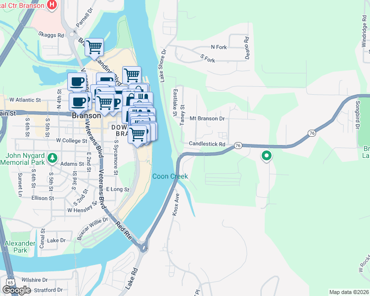map of restaurants, bars, coffee shops, grocery stores, and more near 220 Angels Trail in Branson