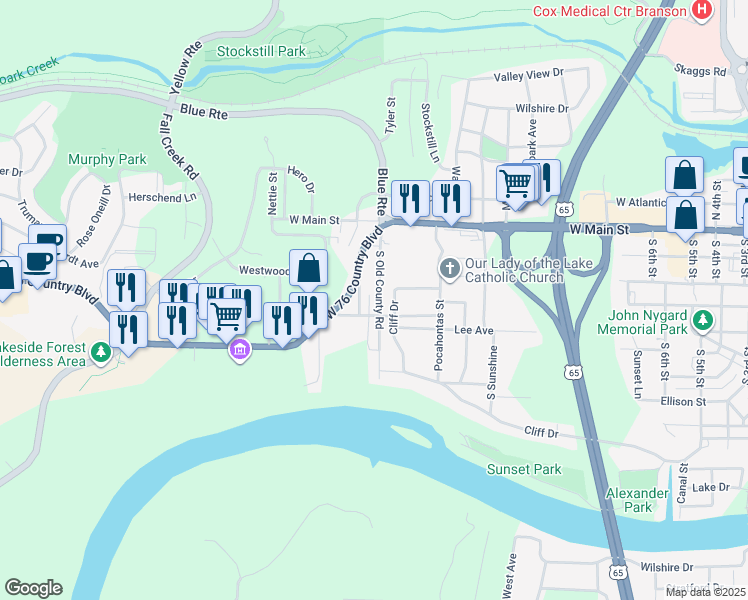 map of restaurants, bars, coffee shops, grocery stores, and more near 57 Old Country Road in Branson