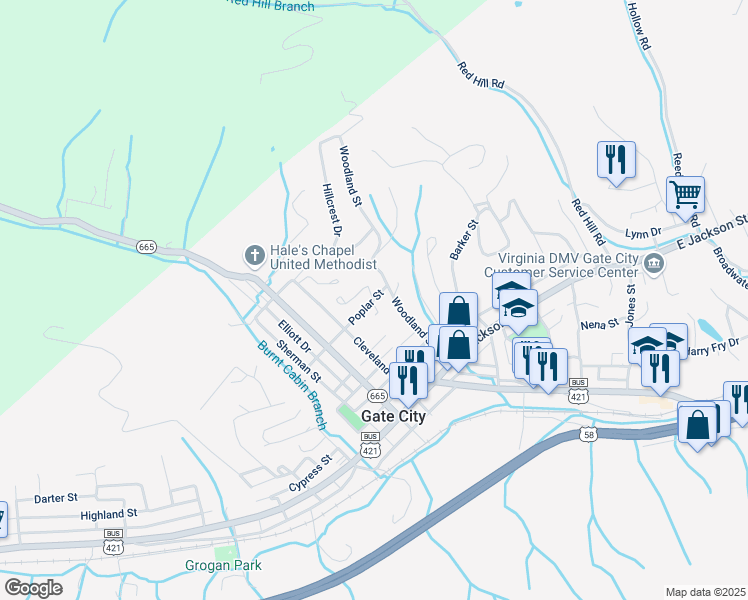 map of restaurants, bars, coffee shops, grocery stores, and more near 100 Monte Vista Drive in Gate City