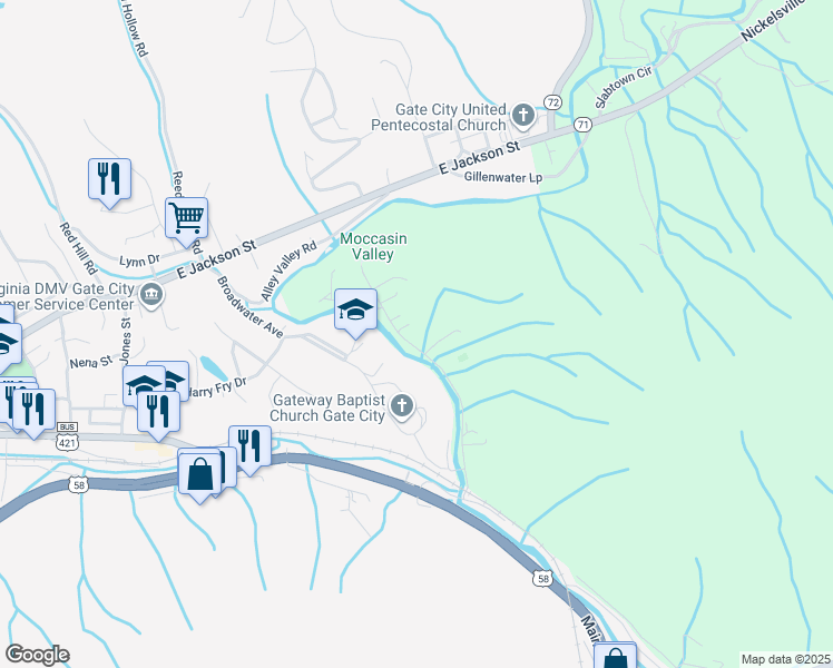 map of restaurants, bars, coffee shops, grocery stores, and more near Alley Valley Road in Gate City