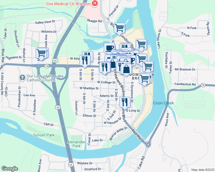 map of restaurants, bars, coffee shops, grocery stores, and more near 313 South 3rd Street in Branson