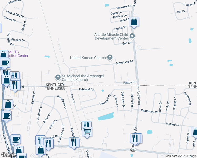 map of restaurants, bars, coffee shops, grocery stores, and more near 1129 Keith Avenue in Oak Grove