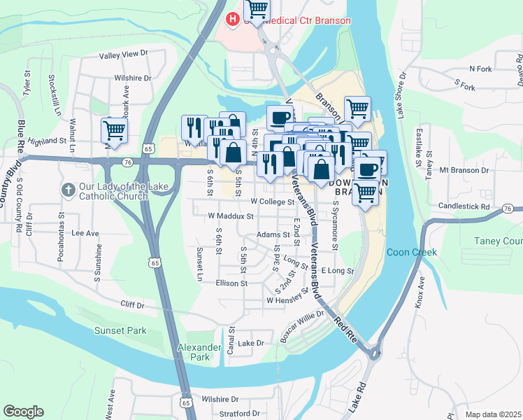 map of restaurants, bars, coffee shops, grocery stores, and more near 314 South 4th Street in Branson