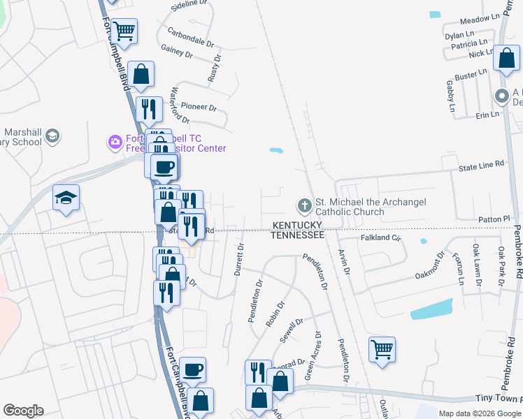 map of restaurants, bars, coffee shops, grocery stores, and more near 235 Tree Line Drive in Oak Grove