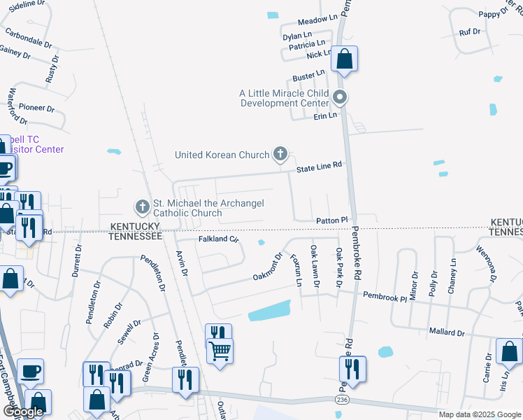 map of restaurants, bars, coffee shops, grocery stores, and more near 1129 Keith Avenue in Oak Grove
