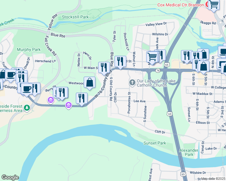map of restaurants, bars, coffee shops, grocery stores, and more near 57 Old Country Road in Branson