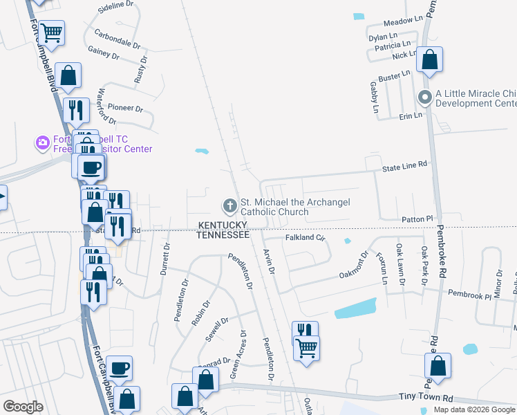 map of restaurants, bars, coffee shops, grocery stores, and more near 626 State Line Road in Oak Grove