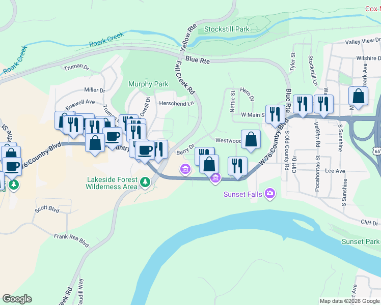 map of restaurants, bars, coffee shops, grocery stores, and more near 1319 Hillcrest Place in Branson
