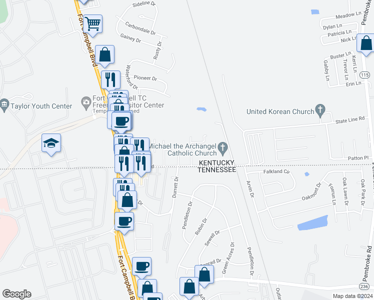 map of restaurants, bars, coffee shops, grocery stores, and more near 239 Tree Line Drive in Oak Grove