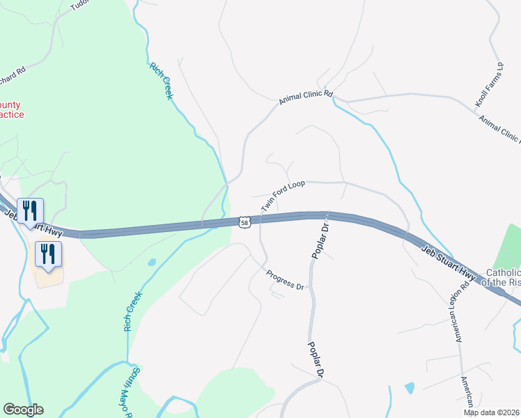 map of restaurants, bars, coffee shops, grocery stores, and more near 20541 Jeb Stuart Highway in Stuart
