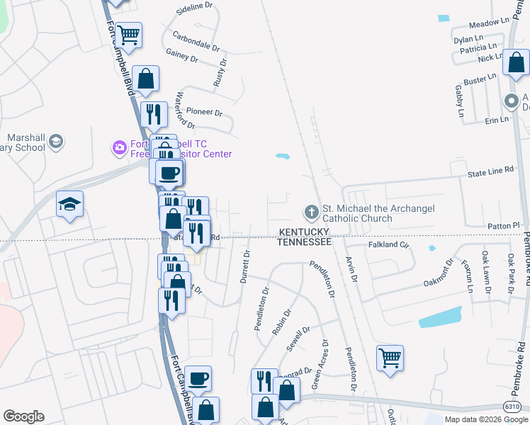 map of restaurants, bars, coffee shops, grocery stores, and more near 237 Tree Line Drive in Oak Grove
