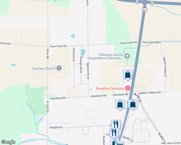 map of restaurants, bars, coffee shops, grocery stores, and more near 402 Utterback Road in Murray