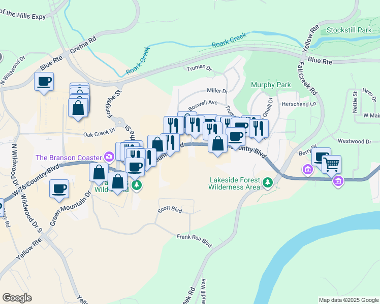 map of restaurants, bars, coffee shops, grocery stores, and more near 1900 W 76 Country Blvd in Branson