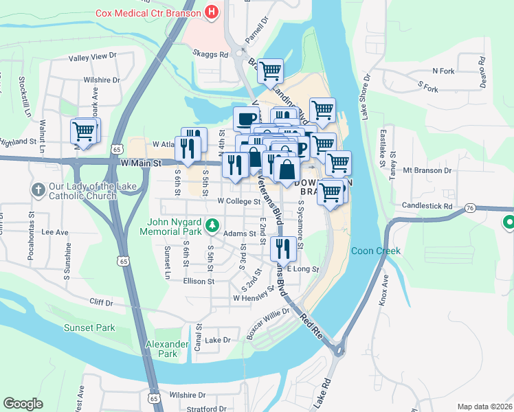 map of restaurants, bars, coffee shops, grocery stores, and more near 214 West College Street in Branson