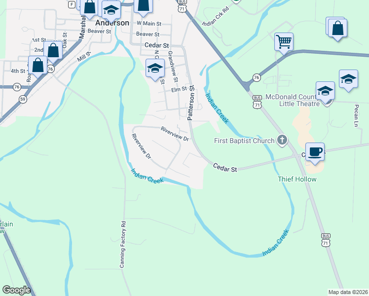 map of restaurants, bars, coffee shops, grocery stores, and more near 133 Riverview Drive in Anderson