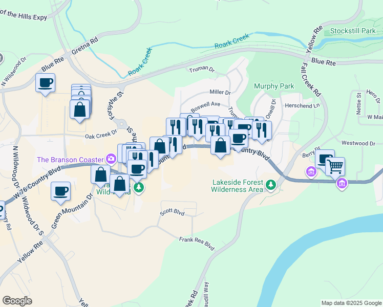 map of restaurants, bars, coffee shops, grocery stores, and more near 1900 West 76 Country Boulevard in Branson