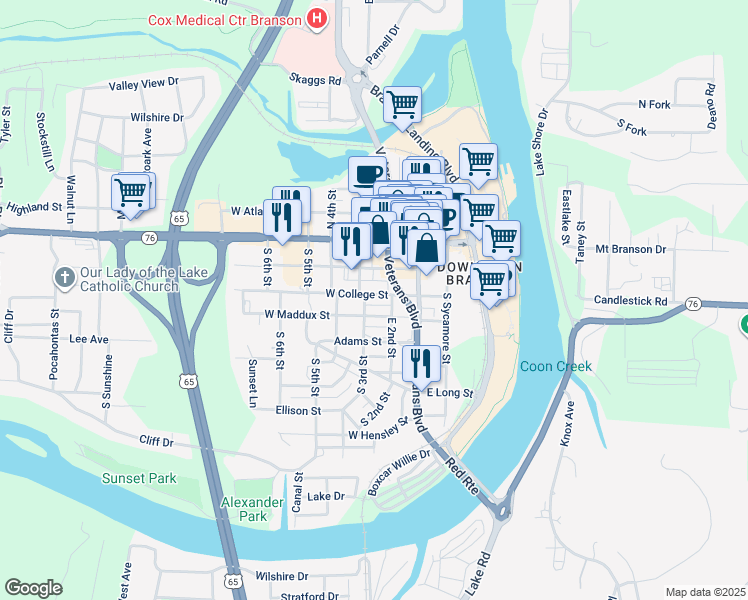 map of restaurants, bars, coffee shops, grocery stores, and more near 214 West College Street in Branson