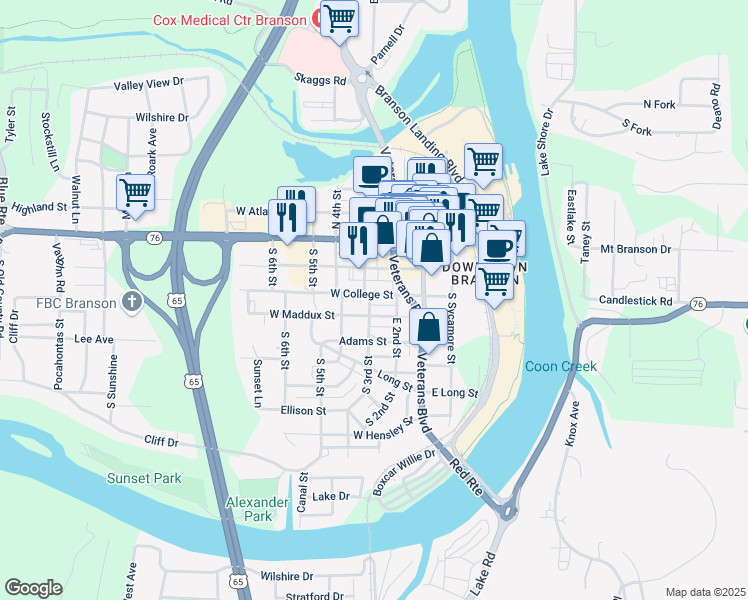 map of restaurants, bars, coffee shops, grocery stores, and more near 224 West College Street in Branson