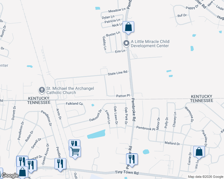 map of restaurants, bars, coffee shops, grocery stores, and more near 1181 Max Court in Oak Grove