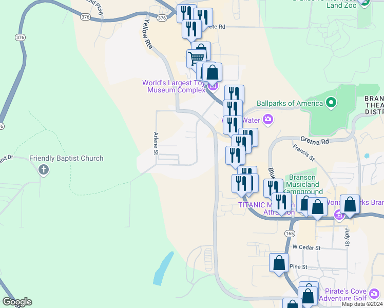 map of restaurants, bars, coffee shops, grocery stores, and more near 117 Colleen Street in Branson
