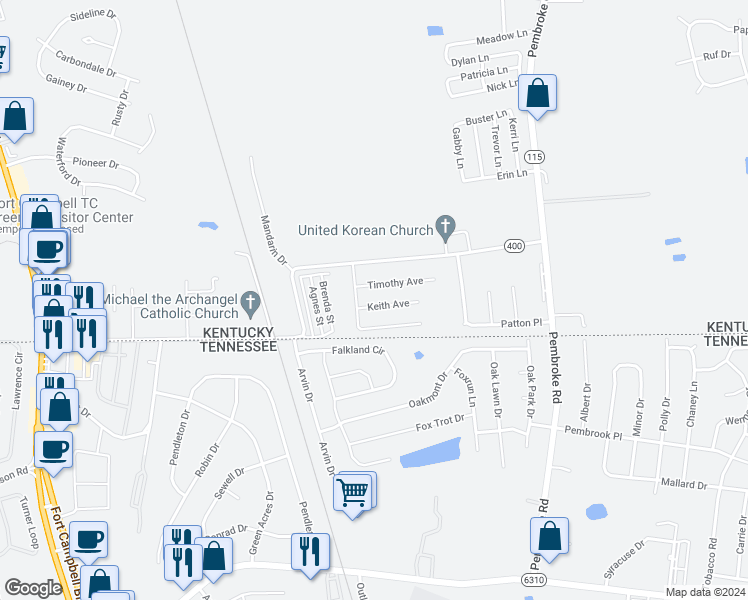 map of restaurants, bars, coffee shops, grocery stores, and more near 1113 Keith Avenue in Oak Grove
