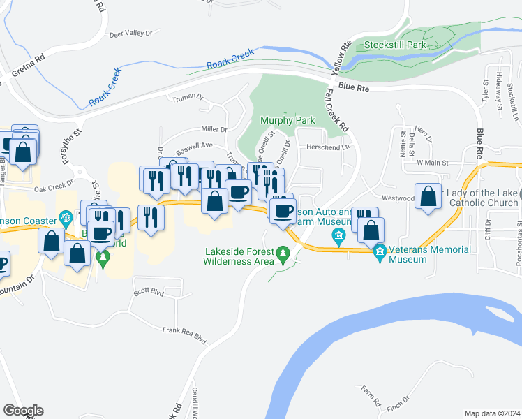 map of restaurants, bars, coffee shops, grocery stores, and more near 1700 Highway 76 in Branson