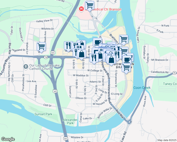 map of restaurants, bars, coffee shops, grocery stores, and more near 314 South 4th Street in Branson