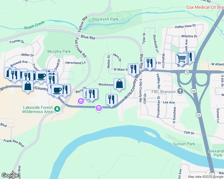 map of restaurants, bars, coffee shops, grocery stores, and more near 1220 Westwood Drive in Branson