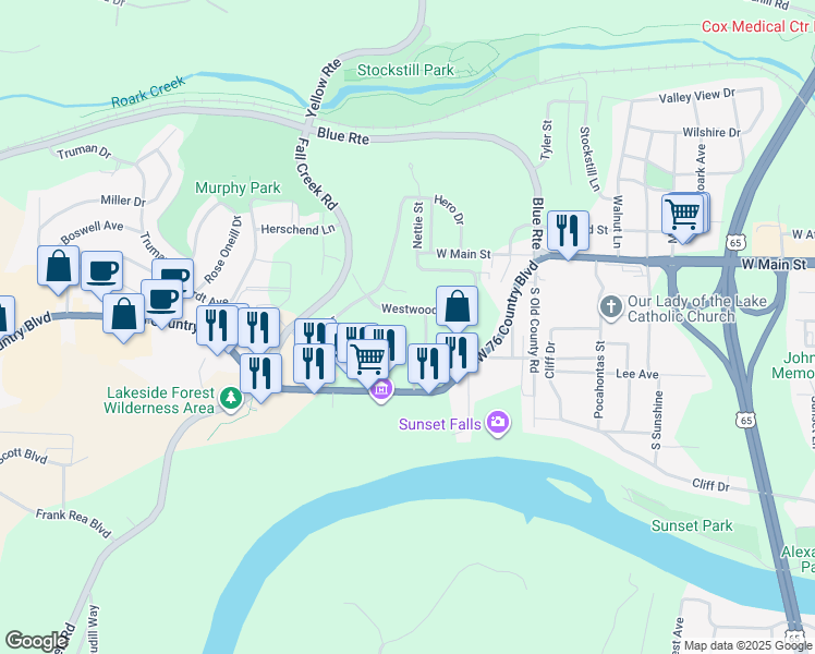 map of restaurants, bars, coffee shops, grocery stores, and more near 1220 Westwood Drive in Branson