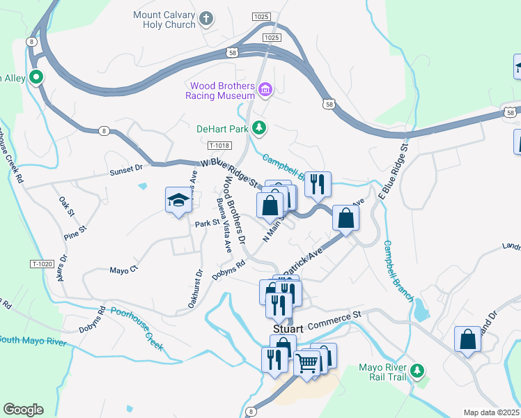 map of restaurants, bars, coffee shops, grocery stores, and more near Rucker Street in Stuart