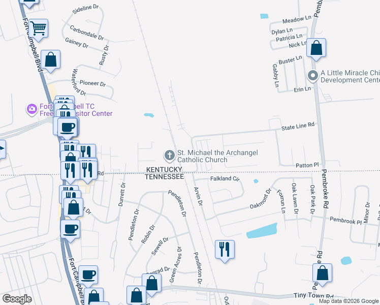 map of restaurants, bars, coffee shops, grocery stores, and more near 626 State Line Road in Oak Grove