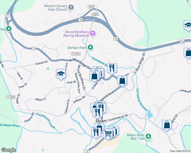 map of restaurants, bars, coffee shops, grocery stores, and more near Rucker Street in Stuart