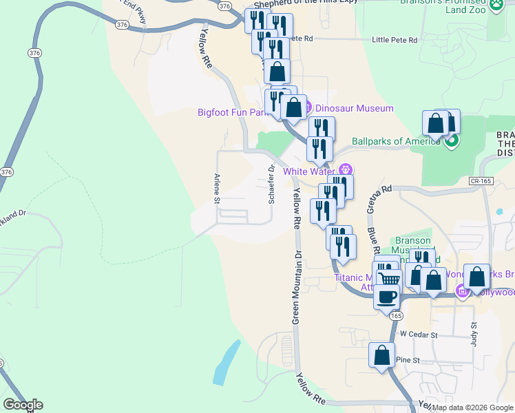 map of restaurants, bars, coffee shops, grocery stores, and more near 245-247 Schaefer Drive in Branson