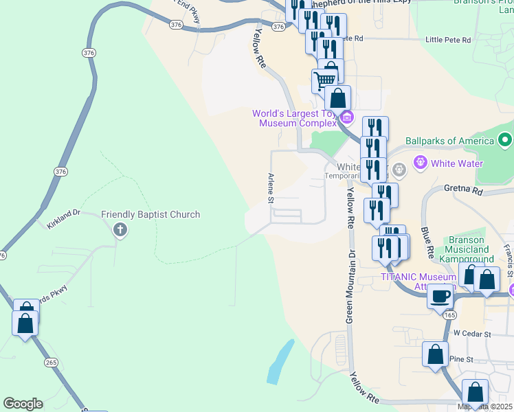 map of restaurants, bars, coffee shops, grocery stores, and more near 134 Colleen Street in Branson